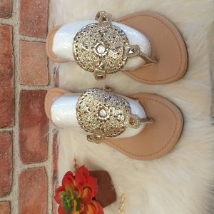 Est. 1946 Gold Shimmery Wedge Toe Post Slip On Sandals Sz 9